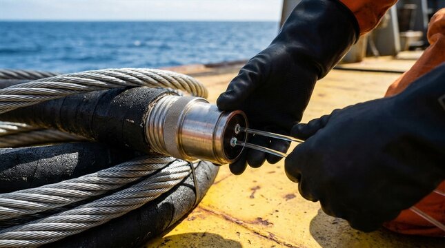 Close up of worker carefully inspecting internal wires of a thick subsea communication cable on maritime vessel