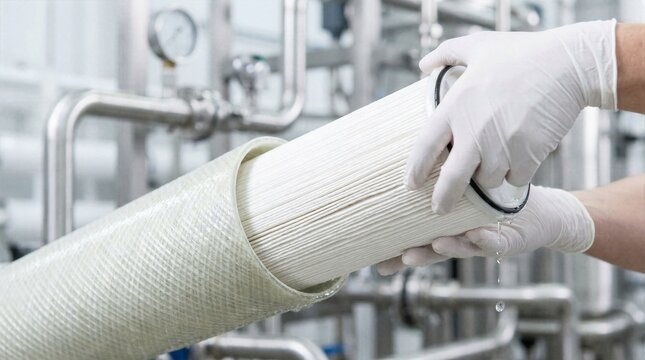 Plant technician wearing white gloves replacing a large pleated water purification filter cartridge in a factory facility
