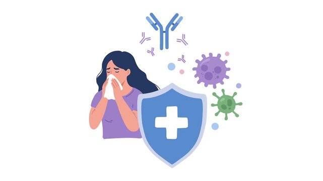 animation woman with viruses infection and immune response