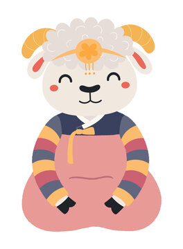 Cute sheep girl in traditional Korean clothes hanbok character isolated. Hand drawn cartoon vector illustration. Flat design. Seollal holiday card, poster, banner element
