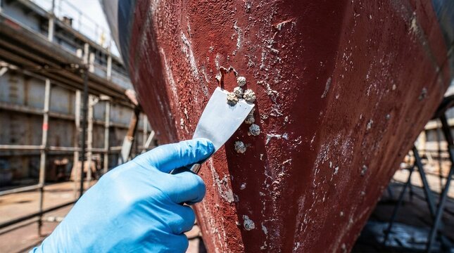 Shipyard worker hand using a metal scraper tool to clean barnacles off a red vessel hull during dry dock maintenance