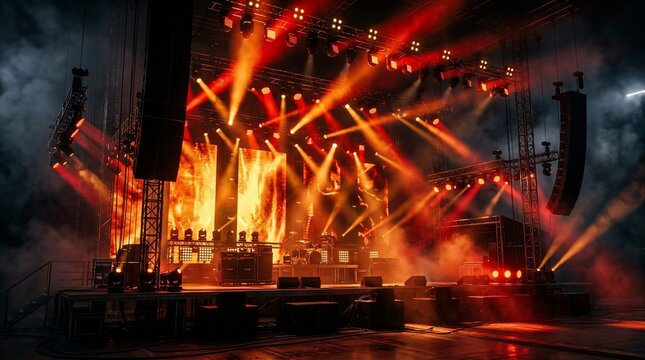 Concert stage lighting show with smoke and fire effects