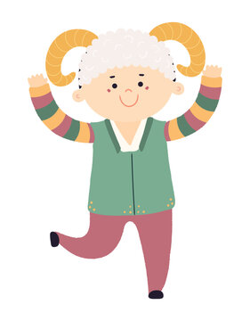 Cute boy in Korean clothes hanbok in sheep hat character isolated. Hand drawn cartoon vector illustration. Flat design. Seollal holiday card, poster, banner element
