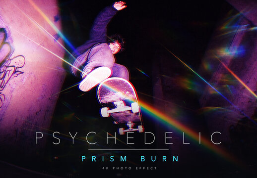 Psychedelic Prism Burn Photo Effect Template - Trippy Rainbow Light Refraction RGB Split Retro Acid Look