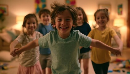 Fototapeta premium Five young children running and laughing together in a warmly lit bedroom