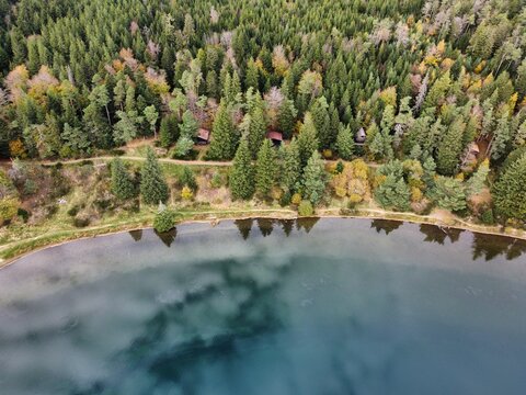 Aerial view of Lac de Serviere surrounded by dense coniferous forests and lush greenery in Orcival, Auvergne-Rhone-Alpes, France.