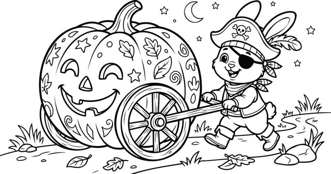 Cute cartoon baby bunny pirate pushing treasure wheelbarrow, smiling, playful