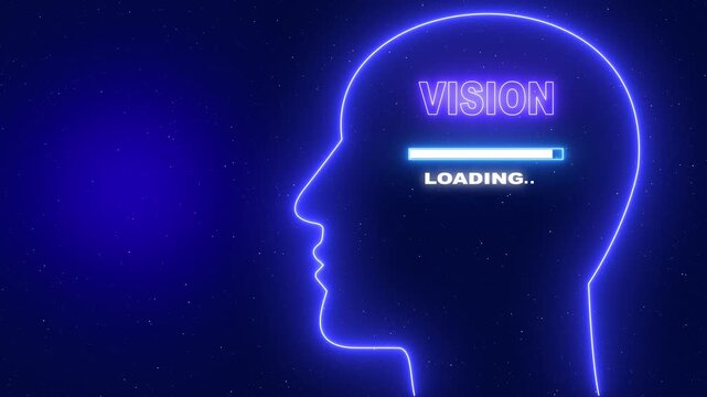 Neon blue outline of a human head profile with the word Vision and a loading bar on a dark blue starry background