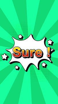 sure text word lettering popup comic cartoon reveal with bomb and smoke explosion manga anime book page dots radial speed lines doodle teal background seamless loop vertical animation retro