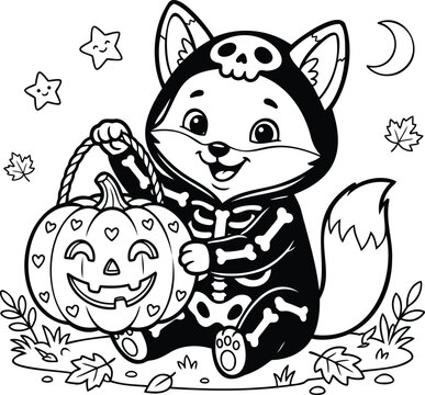 Cute cartoon baby fox dressed as a skeleton, halloween-themed