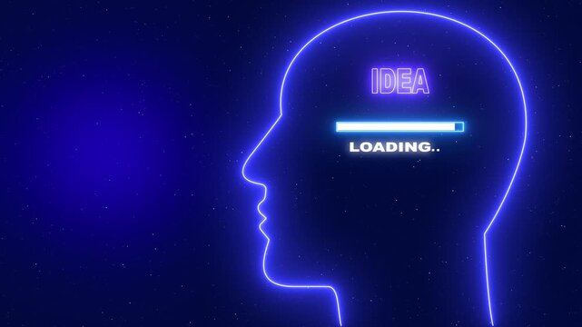 Neon blue outline of a human head profile with the word Idea and a loading bar on a dark blue starry background