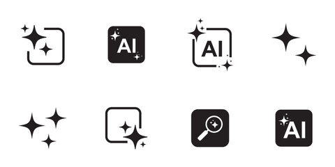 AI generate with square and stars icons. Vector symbols for artificial intelligence and creativity apps. Sparkles generate prompt. AI Sparkle Icon Set. Set of AI icons with Magnifying Glass vector. © Hike Studio 5