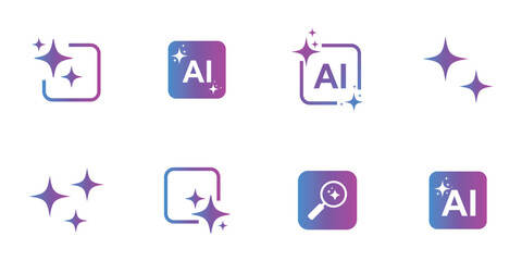 AI generate with square and stars icons. Vector symbols for artificial intelligence and creativity apps. Sparkles generate prompt. AI Sparkle Icon Set. Set of AI icons with Magnifying Glass vector. ©  