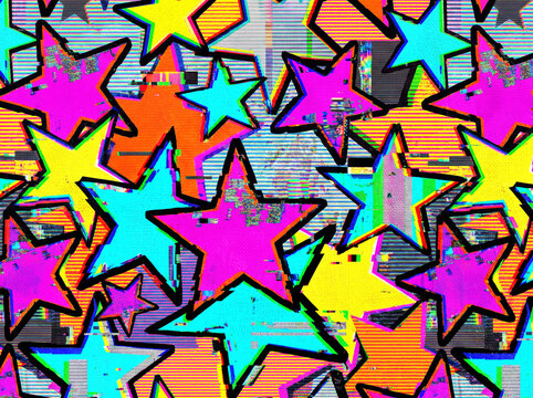 Irregular star pattern with colorful glitch VHS effect and striped background. Bold Y2K pop art graphic ideal for textile print, gadgets, t-shirts, phone cases and gift wrap.