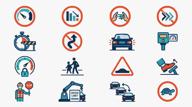 Dynamic Illustrated Icons Set Showing Traffic Safety Speed Control Construction and Pedestrian Rules