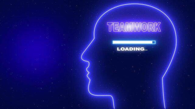 Neon blue outline of a human head profile with the word Teamwork and a loading bar on a dark blue starry background