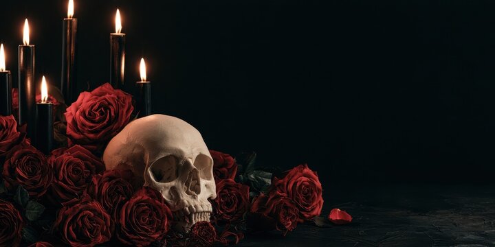 White skull surrounded by dark red roses and black candles on the left side of a black background, open space on the right