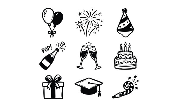 Set of hand drawn celebration icons featuring balloons fireworks party hat champagne cake gift and graduation cap
