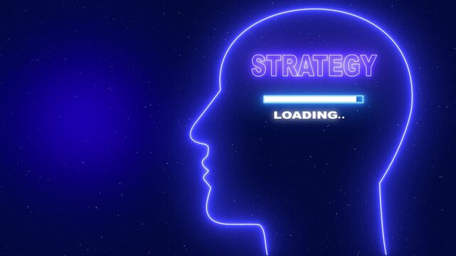 Neon blue outline of a human head profile with the word Strategy and a loading bar on a dark blue starry background