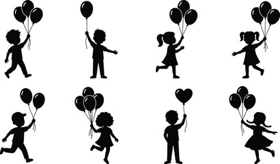 Black silhouettes of happy children holding bunches of balloons isolated on a white background