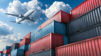 Fototapeta premium Cargo Airplane Flying Over Stacked Shipping Containers Under Blue Sky