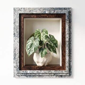 Green philodendron houseplant inside a decorative vintage picture frame with a white background