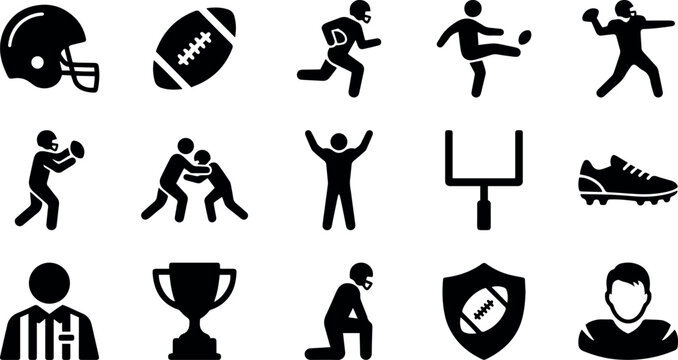 Comprehensive Collection of American Football Vector Icons Featuring Players Equipment and Game Symbols