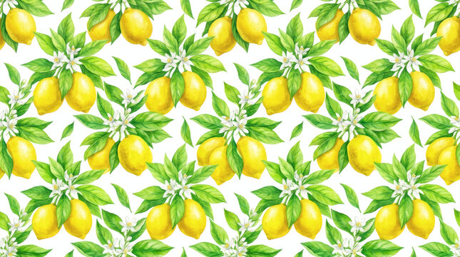 Vibrant lemon pattern with green leaves on a white background