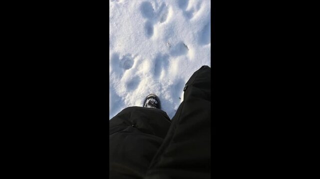 op down view of person walking through deep white snow in winter boots. First-person vertical view of footsteps pressing into fresh, crisp snow during a winter hike. Shows black pants and warm boots