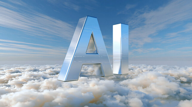 Metallic ai letters rising above white clouds under blue sky, futuristic artificial intelligence technology and cloud computing concept