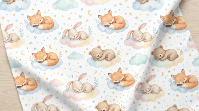 Whimsical watercolor pattern featuring sleeping foxes, rabbits, and bears on clouds