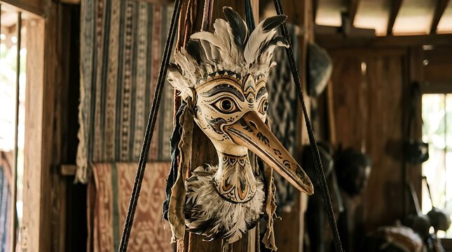 Intricate traditional bird mask with feathers hanging in rustic hut