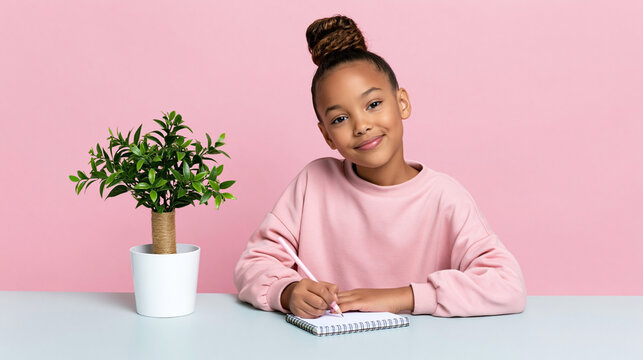 Smiling young girl writing in notebook at desk with green plant against pink background, education and learning concept with copy space