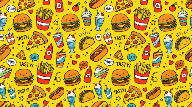 Colorful and playful food pattern featuring burgers, fries, and snacks