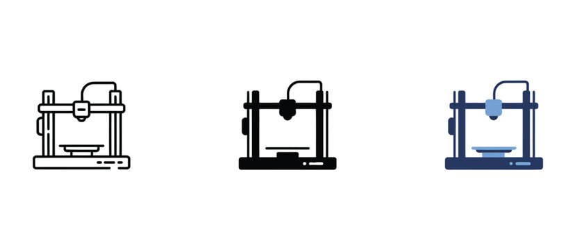 3D printer icon set, three dimensional digital manufacturing machine, prototype printing, additive technology, engineering, industrial production, editable vector, transparent background.