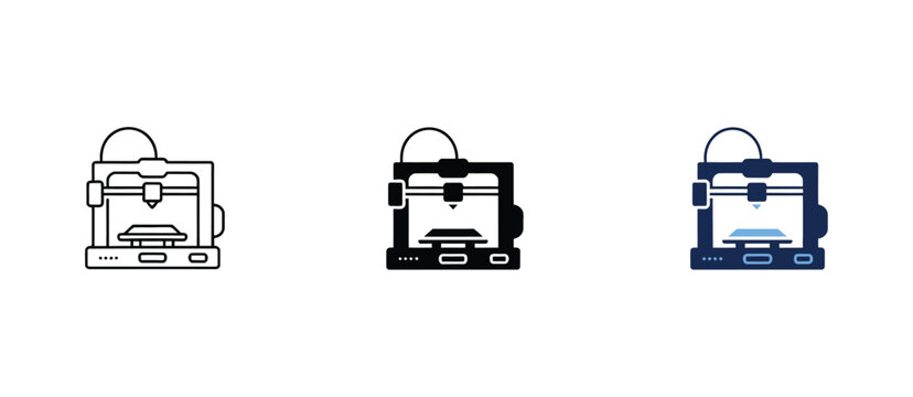 3D printer icon set, three dimensional digital manufacturing machine, prototype printing, additive technology, engineering, industrial production, editable vector, transparent background.