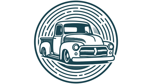 Vintage classic pickup truck vector illustration in a circular badge emblem. Monochrome retro automotive design featuring 1950s style vehicle with concentric dashed lines frame.