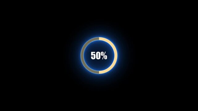 Complete 100 percent loading represented by a bright blue neon circular progress bar on black percentage