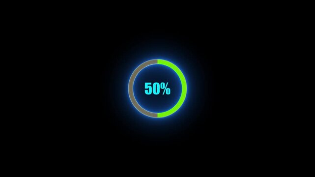 Complete 100 percent loading represented by a bright blue neon circular progress bar on black percentage