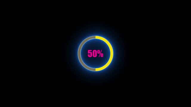 Complete 100 percent loading represented by a bright blue neon circular progress bar on black percentage