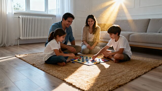 Four family members gather on a soft rug, enjoying a lively board game night. Sunlight streams in, creating a warm atmosphere of togetherness and happiness.
