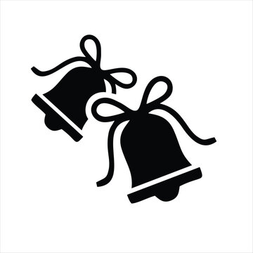 Black silhouette of two festive wedding bells with ribbons