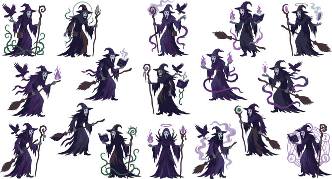 Collection of various witch silhouettes with broomsticks and magic wands isolated on a white background