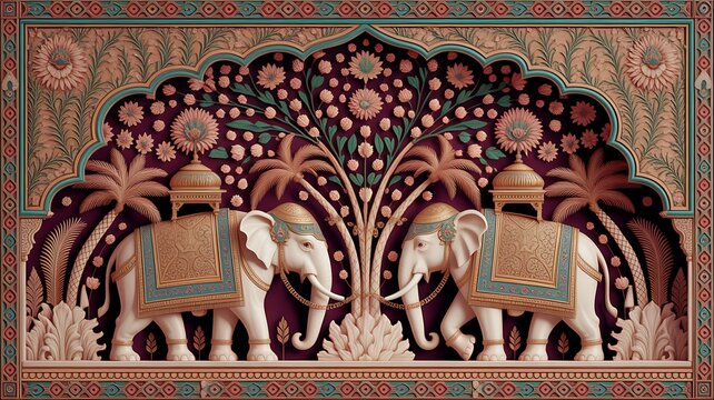Indian mughal miniature painting style procession of sultans riding elephants