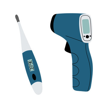 Digital thermometer and infrared thermometer for measuring body temperature. Medical diagnostic devices for healthcare, fever screening and home use. Flat vector illustration isolated on white backgro