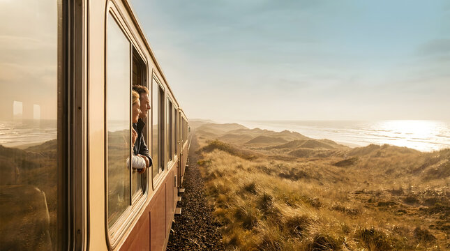 Travel train coastal landscape sunset ocean passenger window journey railway, scenic coastal train travel sunset with passenger leaning from window along railway beside ocean and dune landscape