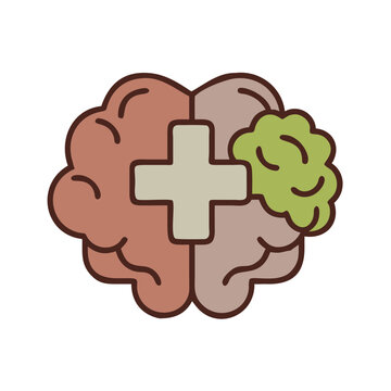 Brain with cross symbol and organic shapes representing medical research.