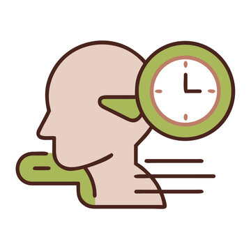 Head profile with clock and green shape representing time and mind.