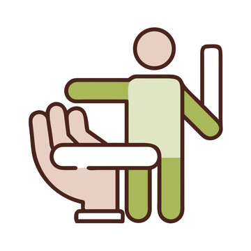 Patient care icon with large hand supporting human figure in rehab.