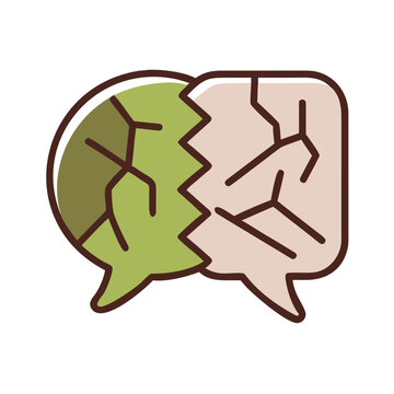 Mental health dialogue vector icon depicting cracked speech bubbles.